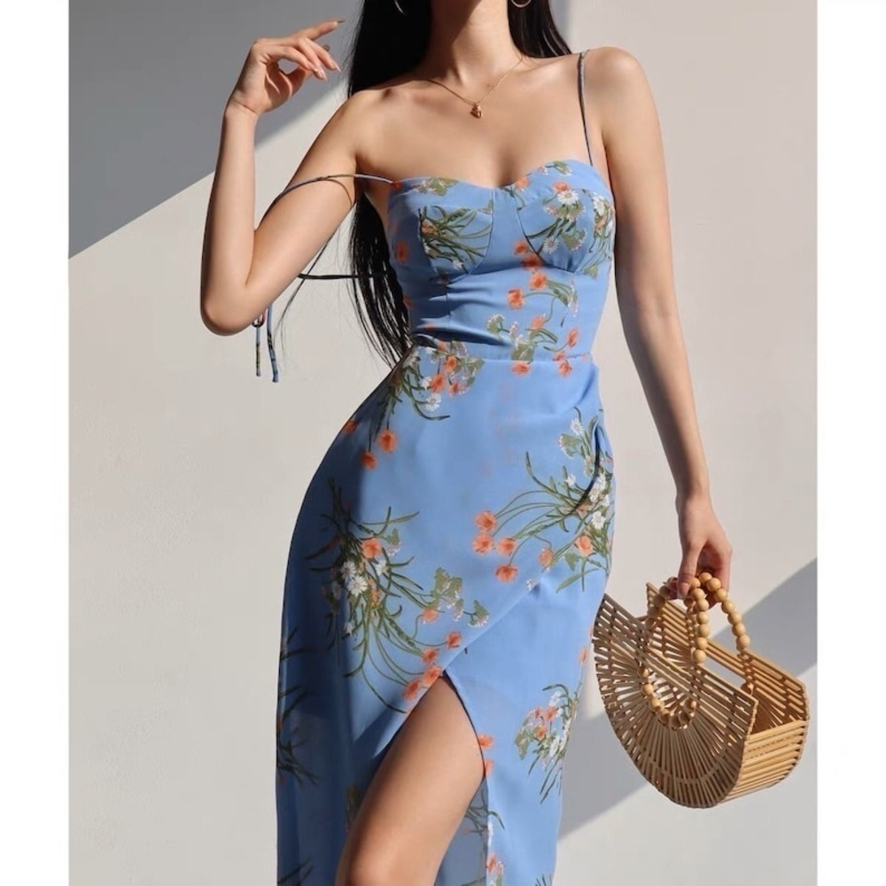 Blue Floral Midi Strap Dress Orange ruffle frill flounce Cottage core Parisian